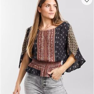 Paisley Mixed Print Flowy Sleeve Top - Small - Boho Western Festival Top